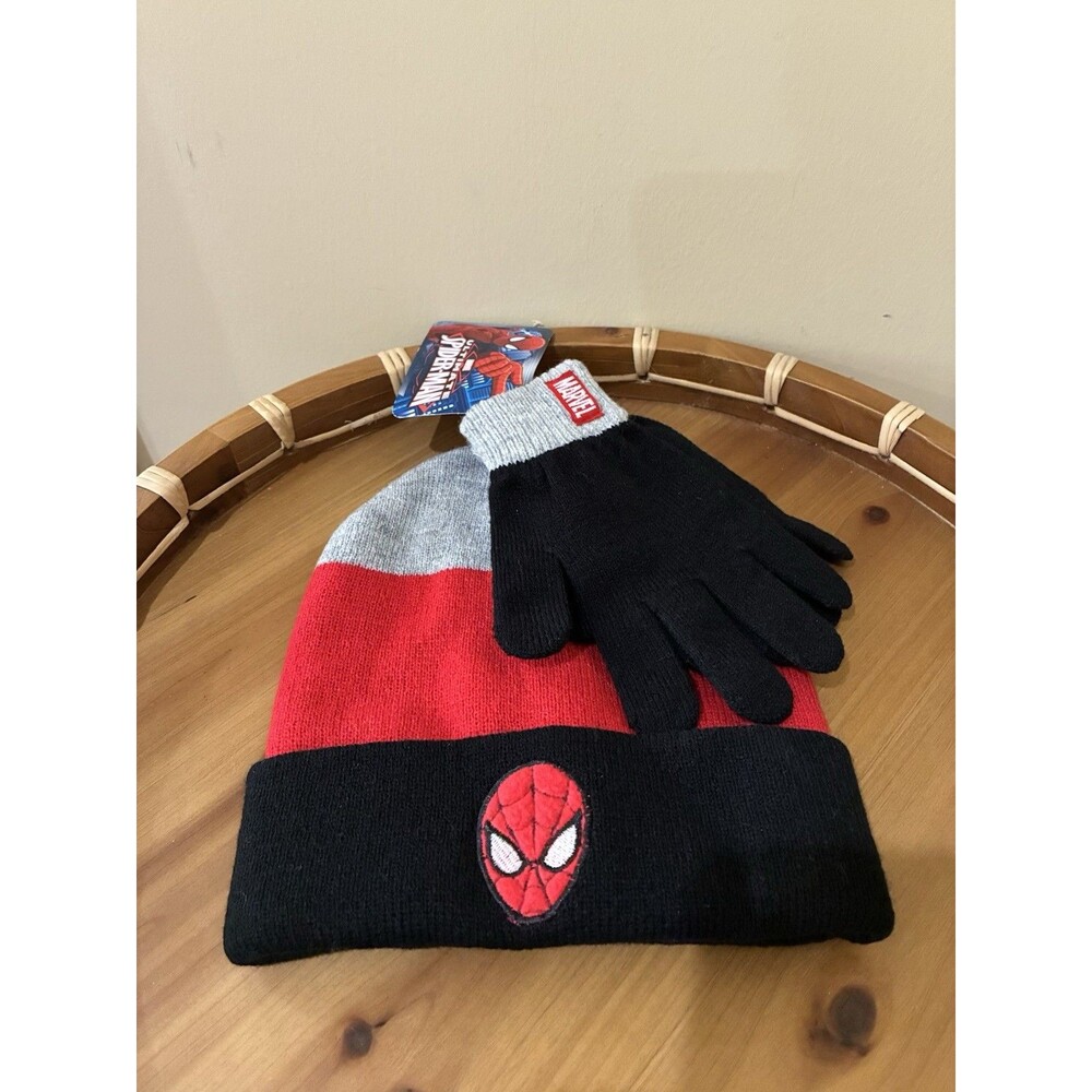Spiderman Marvel Knit Hat Beanie & Glove Set Kids New Unisex Black Red Gray